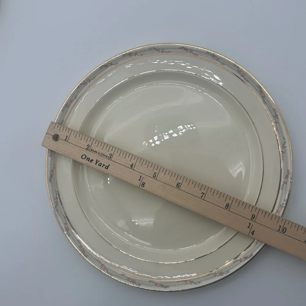 Taylor Smith Taylor Dinner Plates Set of 4 Pink Rose Gold Trim Ivory Vintage